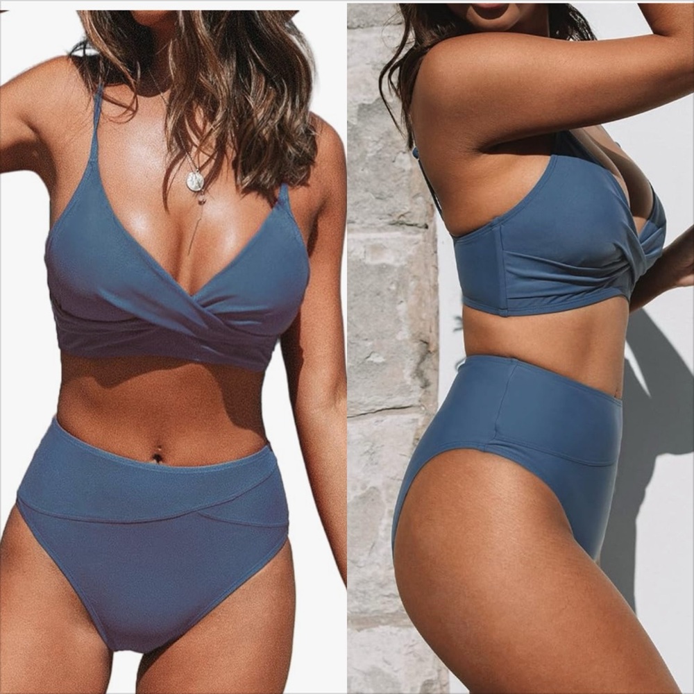 CUPSHE Bikini Set High Waisted V Neck Twist Front Spaghetti Straps & Bottoms XS
